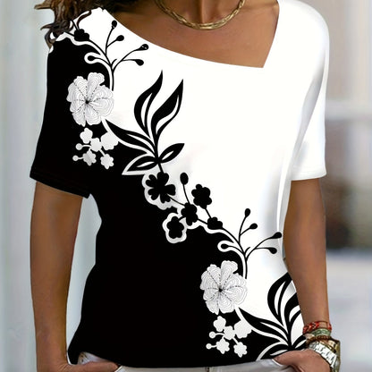 Women's T-shirt with floral pattern print, short sleeves, weekend, diagonal V-neck, regular floral painting, elegant and fashionable, daily casual top