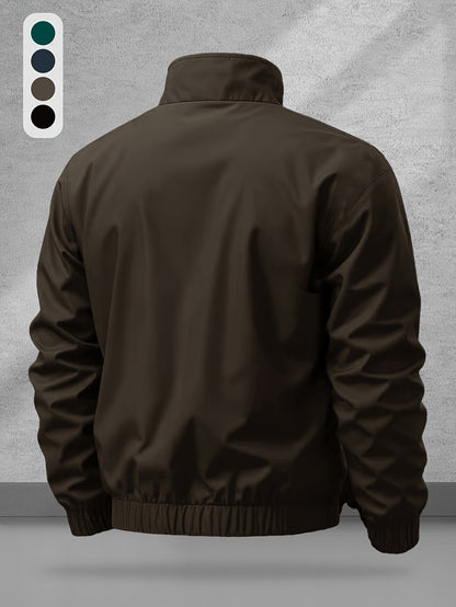 Men's Casual Polyester Jacket with Stand Collar and Zipper