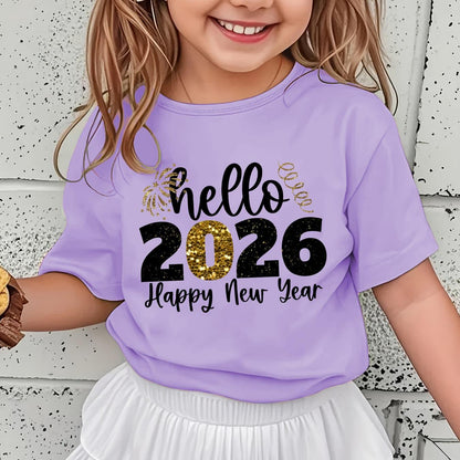 Girls' 2026 New Year T-Shirt - Hello 2026 Happy New Year Graphic Tee with Golden Number 2026, Heart, & Golden Lettering - Lightweight Summer Top for Birthday Party, Girls Clothes