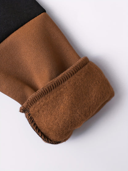 2pcs Boys' Autumn/Winter Fleece-Lined Hooded Zip-Up Jacket and Pants Set with Bird Print, Simple Color Block Design with Pockets, Fashionable Sporty Outfit for Outdoor Activities and Daily Wear, 100% Polyester Knit Stretch Fa