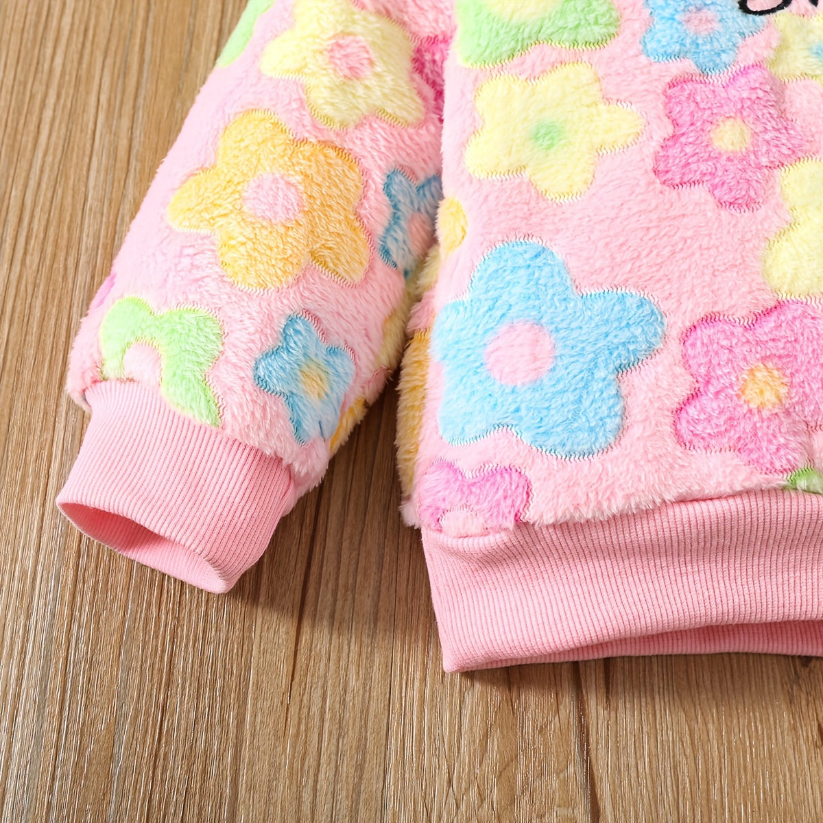 Աղջիկների աշնանային և ձմեռային նորաձև տաք հավաքածու «Ժպիտ» ասեղնագործությամբ, գունագեղ ծաղկային ապլիկացիայով բրդյա բաճկոնով և լայնածավալ տաբատով, իդեալական է բացօթյա օգտագործման համար