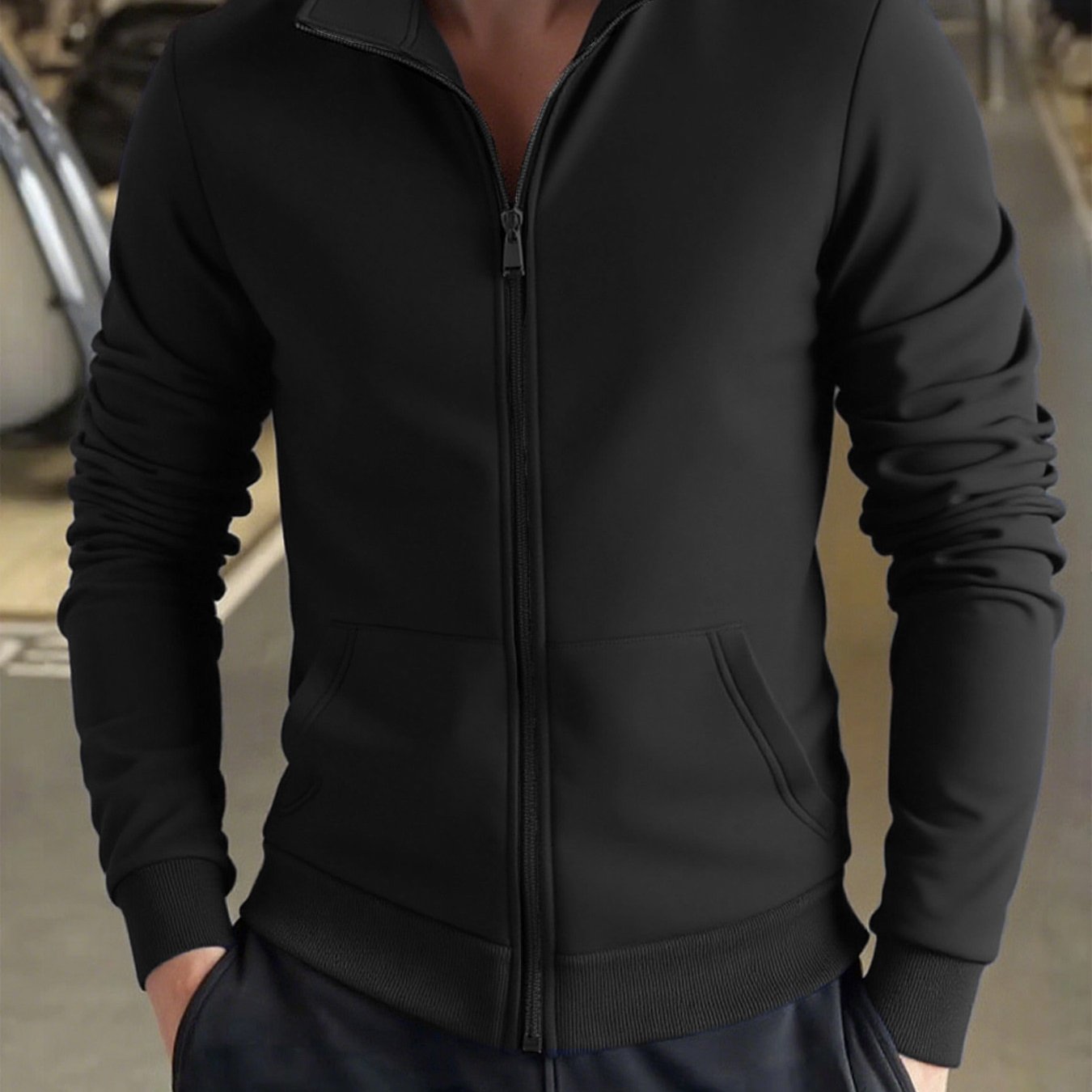 Men's Solid Color Green Full-Zip Stand Collar Jacket - Lightweight Workwear Coat with Zippered Pockets, Machine Washable, Regular Fit for Gym, Hiking, Casual & Outdoor Activities - Versatile All-Season Outerwear