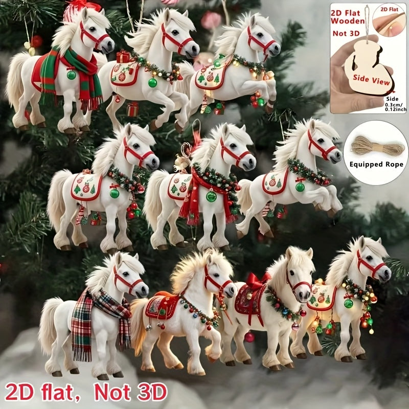 2D Flat, 10pcs White Horse Christmas Tree Ornaments - 2D Flat Hanging Decorations with Red & Green Harnesses, No Electricity Needed