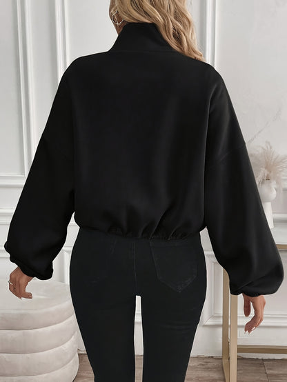 Women's Elegant Black Stand Collar Jacket with Full-Zip Closure - All-Season Casual to Semi-Formal Outerwear, Machine Washable Zippered Coat for Fall Winter Layering, Versatile Work to Semi-Formal Outfits