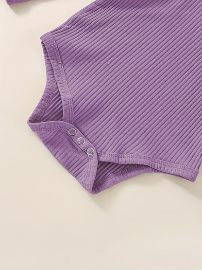 3pcs Baby Girl Outfit Set, Cute Ribbed Ruffle Long Sleeve Romper & Pants, 95% Cotton 5% Spandex, Crew Neck Pullovers, Solid Color, Regular Fit, No Belt, Fall/Winter Knit Fabric, 0-18 Months, for Outdoor