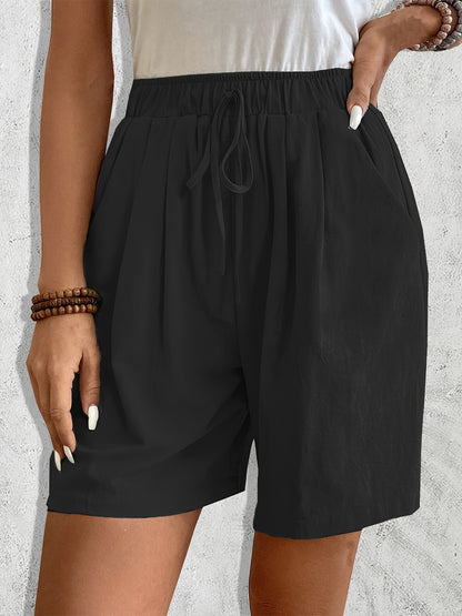 Women'S Casual Blend Shorts, Solid Color, Regular Fit, Non-Stretch Woven Fabric, with Faux Drawstring Detail, for Spring/Summer/Fall - Daily & Vacation Style