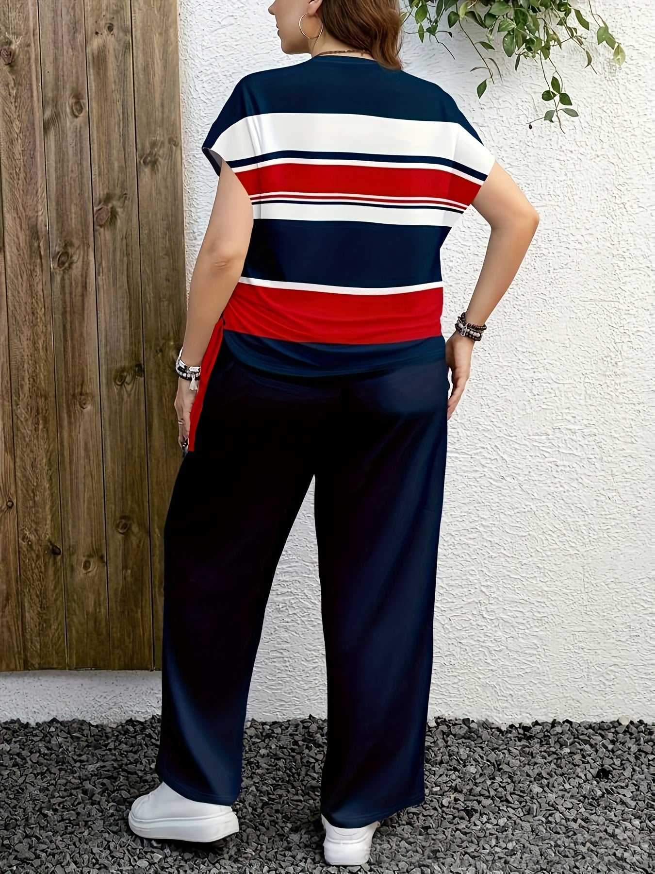 Women's Casual Two-Piece Set with Striped Bow Drawstring