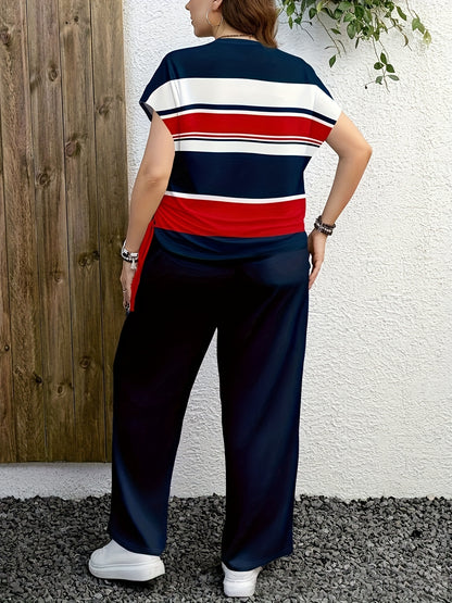 Women's Casual Two-Piece Set with Striped Bow Drawstring