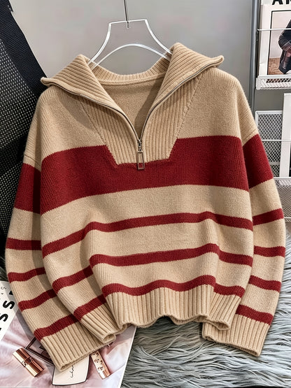 Women's Striped Zip-Up Sweater with Thickened Inner Layer
