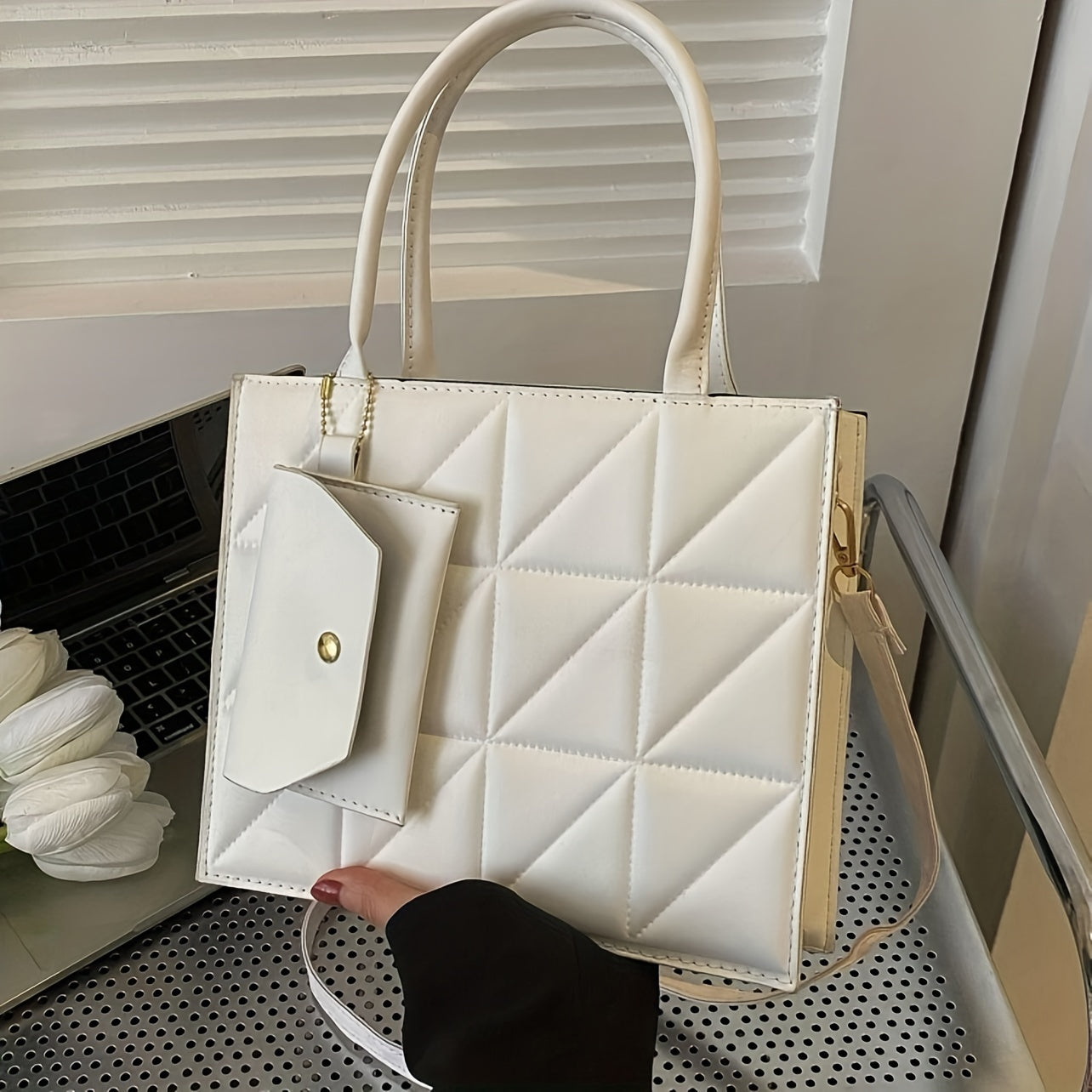 Quilted Square Crossbody Bag for Women - Synthetic Leather Work Bag with Detachable Coin Purse, Geometric Quilted Design, Adjustable Strap & Golden-Tone Hardware, Black Office Commute Bag for College Students & Professionals,