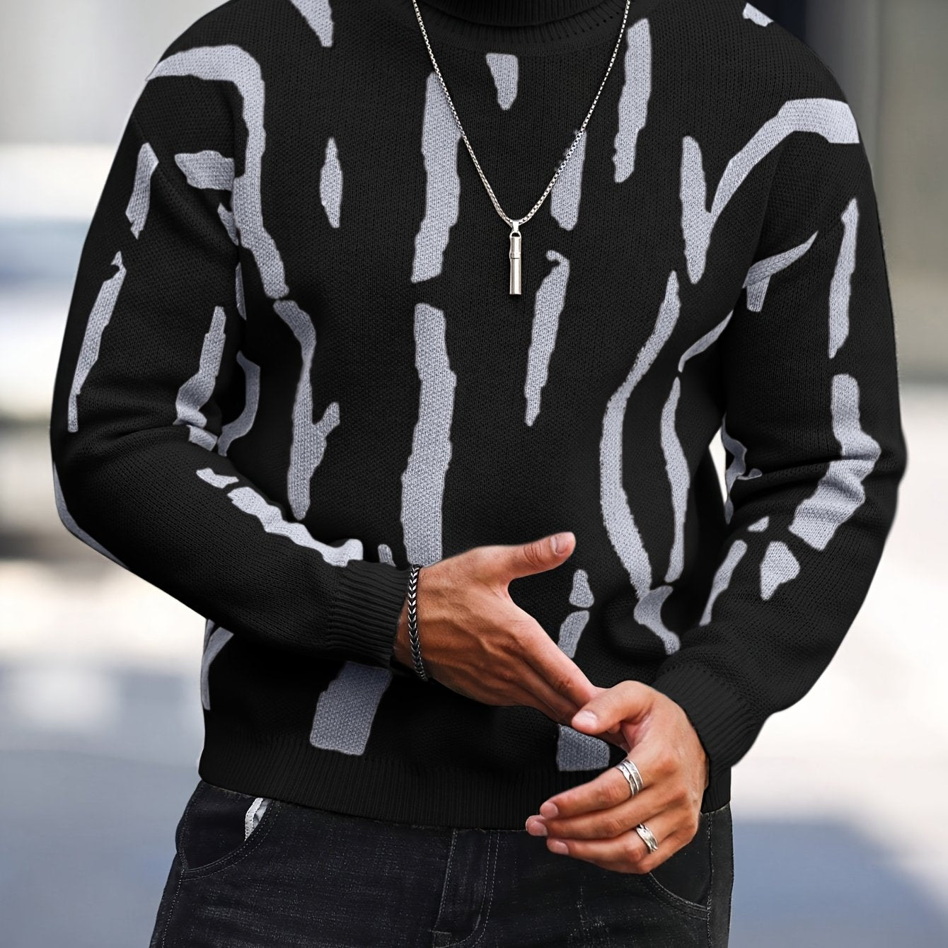 Տղամարդու զեբրա նախշով բարձր վզնոցով նորաձև սվիտեր աշուն-ձմեռ՝ առօրյա տրիկոտաժե պուլովեր