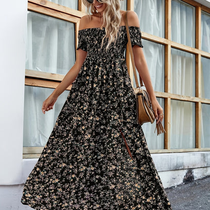Floral Print Off Shoulder Dress, Elegant Short Sleeve Aline Dress For Spring & Summer, Women's Clothing