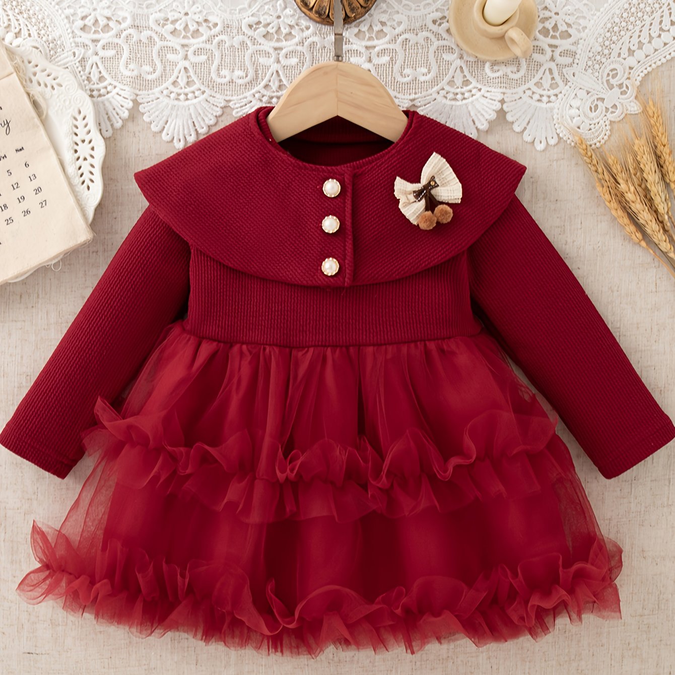 ZOSEYIES Girls' Elegant Red Princess Party Dress with Ruffled Hem & Puff Sleeves - Long Sleeve Winter Formal Outfit, A-Line Skirt with Ruffled Trim, Soft Non-Stretch Fabric for Christmas, New Year's, Birthday & Casual Attire