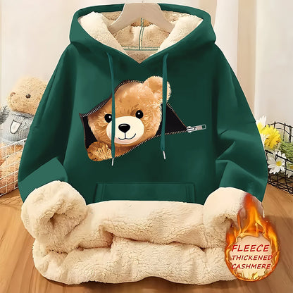 Women'S Plush Fleece-Lined Hooded Sweatshirt with Bear Print & Zipper Closure - Cozy Winter Warmth, / Color Block Design, Soft Fleece Fabric, Casual Pullover for Fall & Winter, Autumn Winter Apparel | Hooded Sweatshirt | Zipp