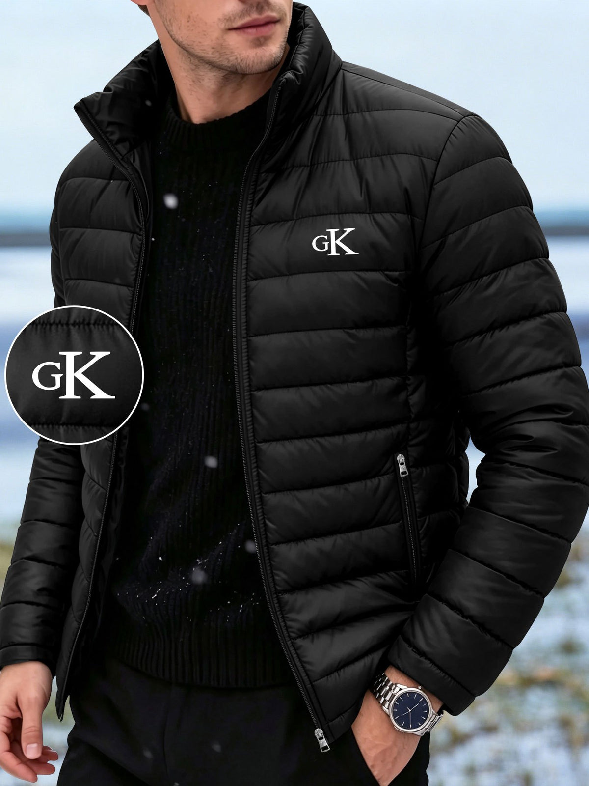 Men's Stand Collar Padded Coat with Letter Print for Fall/Winter