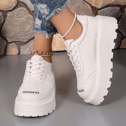 Women's Casual Lace-Up Sneakers - Breathable, Thick Sole, Round Toe, Faux Cover - White, High Top Sneakers