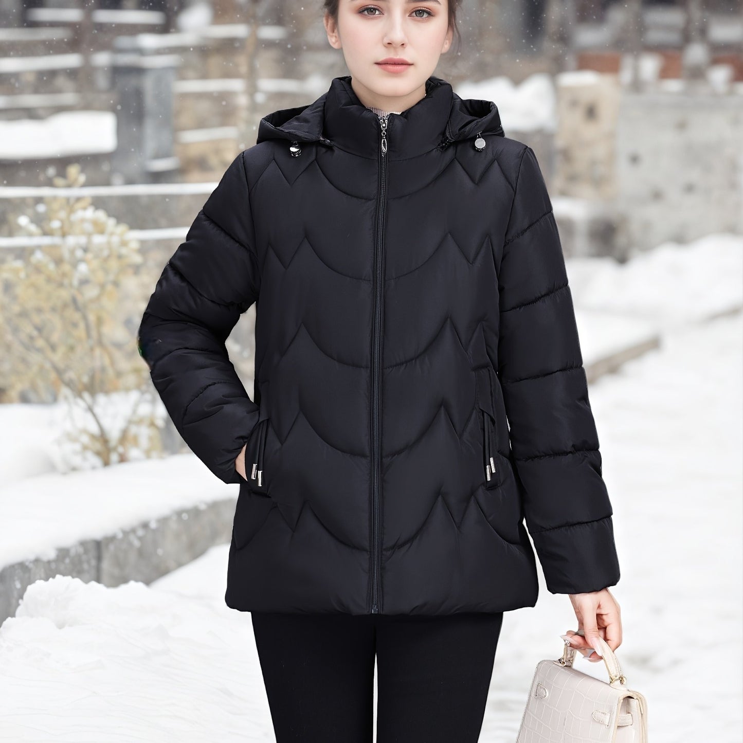 Կանացի էլեգանտ սև ձմեռային փքված բաճկոն՝ երկար թևքերով, կայծակաճարմանդով, առօրյա ոճով՝ ուլունքազարդ դետալներով, իդեալական է ձյունառատ օրերի համար, առօրյա ձմեռային հագուստի համար | Կայծակաճարմանդով բաճկոն | Գործնական գրպաններ