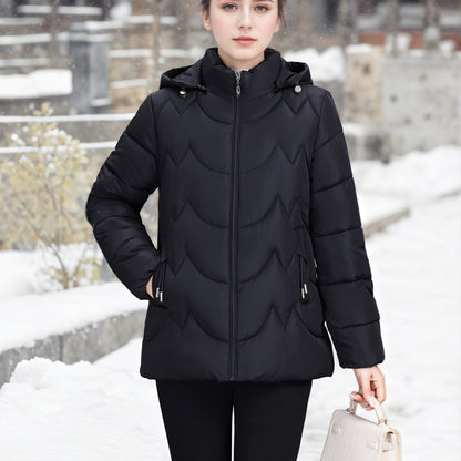 Կանացի էլեգանտ սև ձմեռային փքված բաճկոն՝ երկար թևքերով, կայծակաճարմանդով, առօրյա ոճով՝ ուլունքազարդ դետալներով, իդեալական է ձյունառատ օրերի համար, առօրյա ձմեռային հագուստի համար | Կայծակաճարմանդով բաճկոն | Գործնական գրպաններ