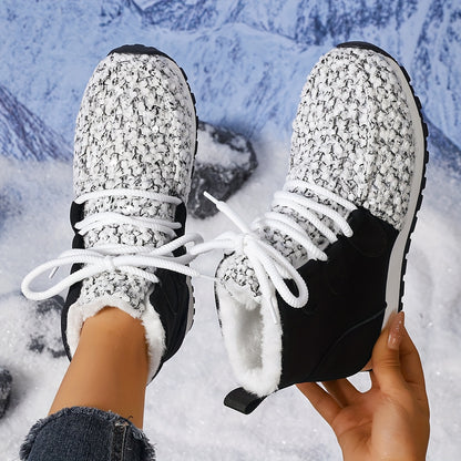 Կանացի հարմարավետ, բրդյա ծածկույթով ձմեռային կոշիկներ - և փայլուն ձմեռային կոշիկներ հաստ ռետինե ներբանով, կապերով, ցուրտ եղանակին հարմարավետության համար, ամենօրյա ոճ, ձմեռային կոշիկներ