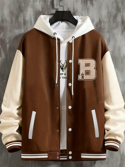 Men'S Baseball Jacket with Letter B Lettering - Navy & Golden Accent Casual Streetwear, Button-Front Closure, Regular Fit Fall/Winter Outerwear, Baseball Jacket