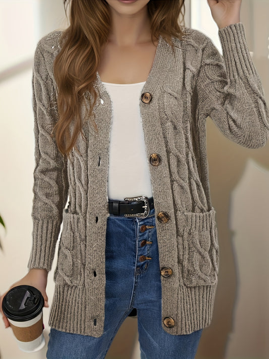 Elegant Women's Cable-Knit Cardigan - Cozy Button-Up V-Neck Sweater Jacket with Pockets, Long Sleeves in Heather Gray, 100% Polyester, Machine Washable for Fall/Winter
