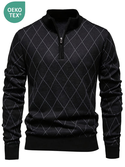 Men's Casual Quarter Zip Knit Sweater with Geometric Pattern