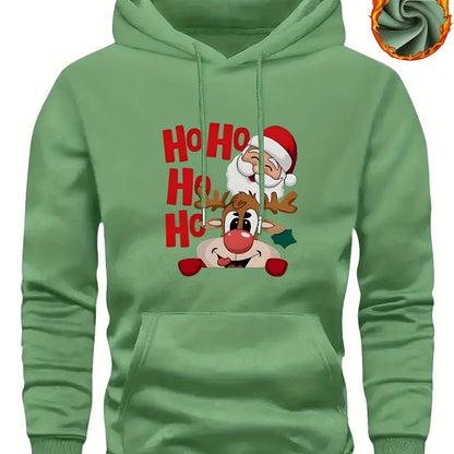 Men's Christmas Hooded Sweatshirt with Rudolph & Santa Print - Thickened Winter Pullover Hoodie, Warm Long Sleeve Casual Sweater for Skiing, Parties, Team Events - Machine Washable (Couple Matching, Unisex Style)