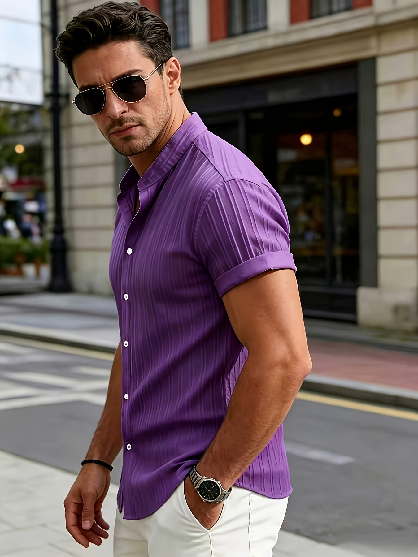 Men's Casual Athletic Short Sleeve Shirt with Stand Collar