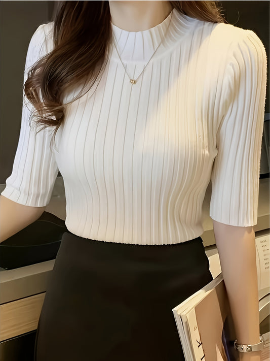 Women's Elegant Solid Color Ribbed Pullover Top - Short Sleeve Regular Fit Machine-Washable All-Season Versatile Blouse for Casual & Formal Wear