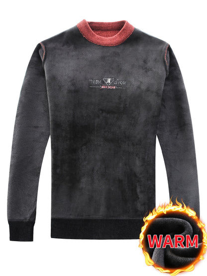 Temujin Men'S Winter Round Neck Sweater with Fleece, Knitted with Embroidered Stripes And Casual Letters for Warmth And a Fitted Style