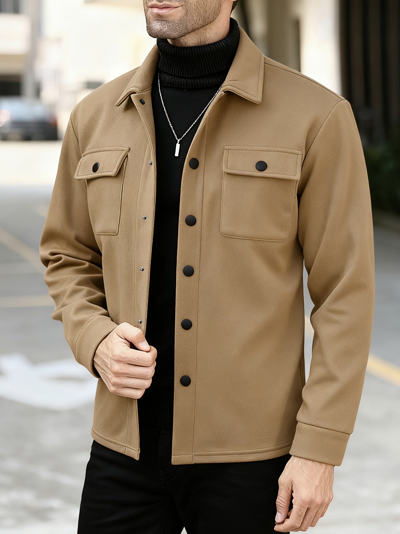 Men's Solid Color Lined Workwear Shirt Jacket with Snap Buttons