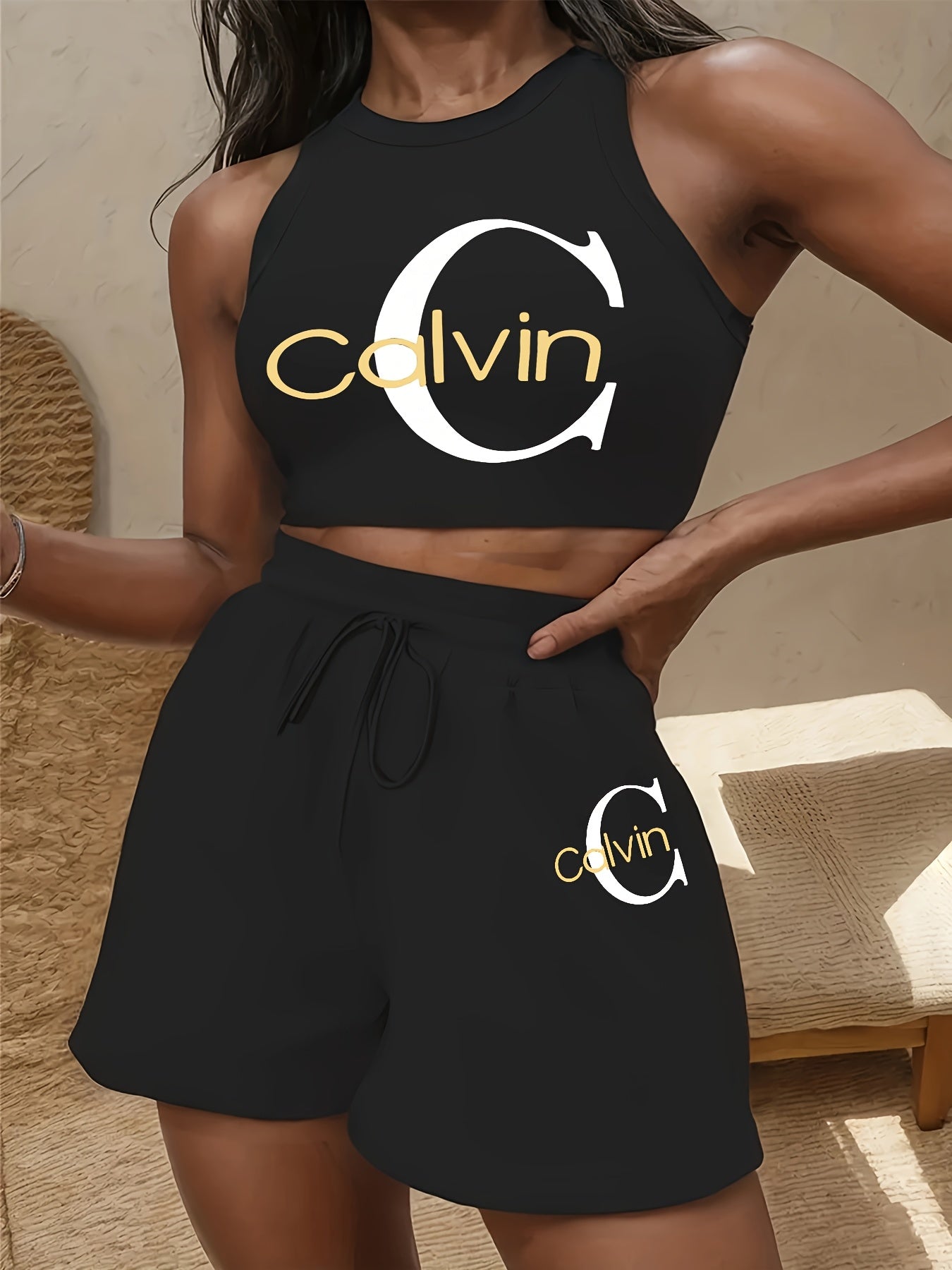 Women's Casual Two-Piece Set with Graphic Print Vest & Shorts