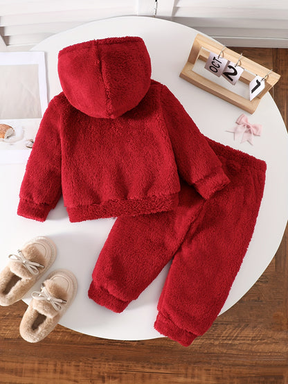 Two-Piece Cute Girls' Autumn/Winter Set: Long Sleeve Hooded Plush Butterfly Top with Pants, Perfect for Daily Outdoor Wear. Cozy Faux Fur Fabric - Essential Indoor & Winter Accessory and Holiday Gift Idea, Perfect for Outdoor