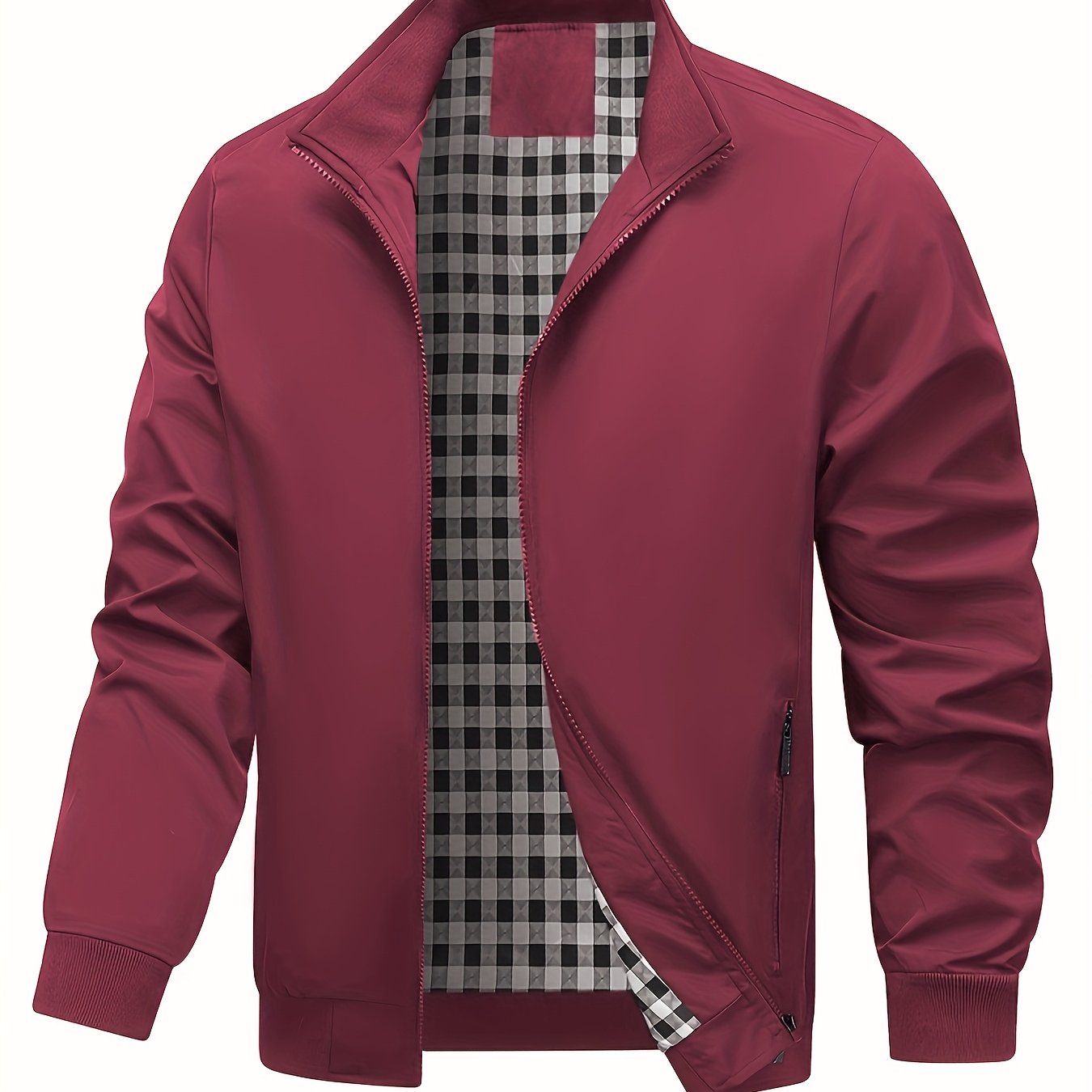 Men's Academic Jacket - Burgundy (Deep Red), Zip-Up Front Closure, Structured Non-Stretch Fabric, Zippered Pockets - Formal & Casual Outerwear for Office, Events, Everyday - Easy-Care Coat, Dressy Jacket, Houndstooth Pattern