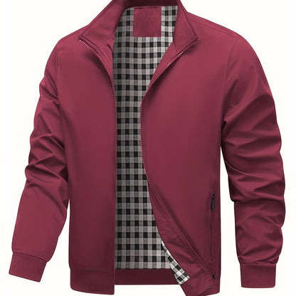Men's Academic Jacket - Burgundy (Deep Red), Zip-Up Front Closure, Structured Non-Stretch Fabric, Zippered Pockets - Formal & Casual Outerwear for Office, Events, Everyday - Easy-Care Coat, Dressy Jacket, Houndstooth Pattern