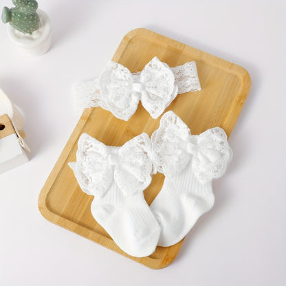 1 Set Baby Lace Bowknot Socks and Hairband, Polyester 95% Spandex 5%, All-Season Knit Fabric, Hand Wash Only, Perfect for Newborn, First Birthday Gift, 27g/m²