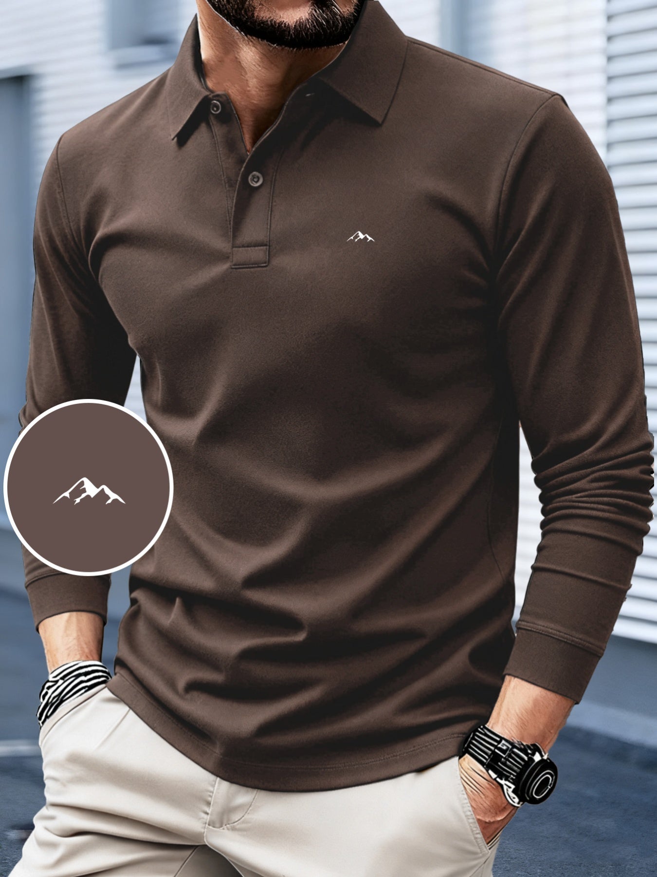 Men's Long Sleeve Polo Shirt with Mountain Peak Pattern