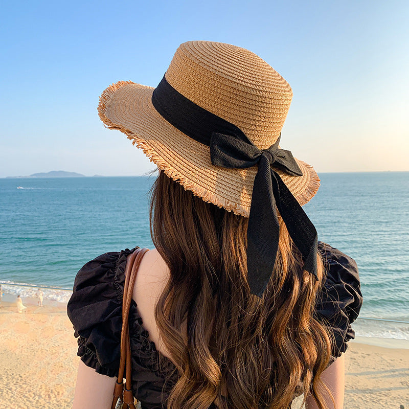 Women's Linen Bucket Hat with Ribbon Bow, Breathable Summer Sun Hat