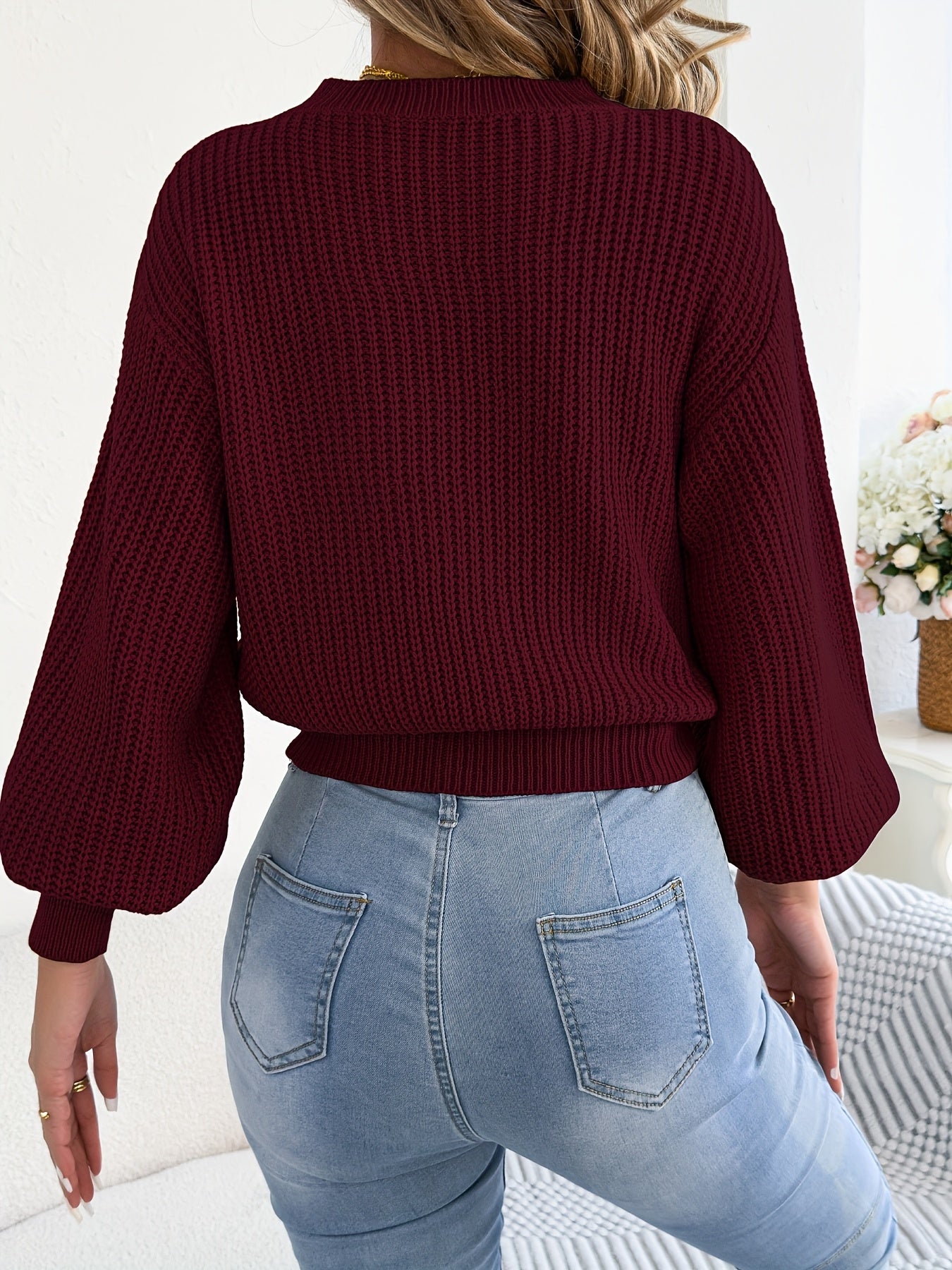 Women's Fall/Winter Crew Neck Diamond Knit Sweater with Lantern Sleeve