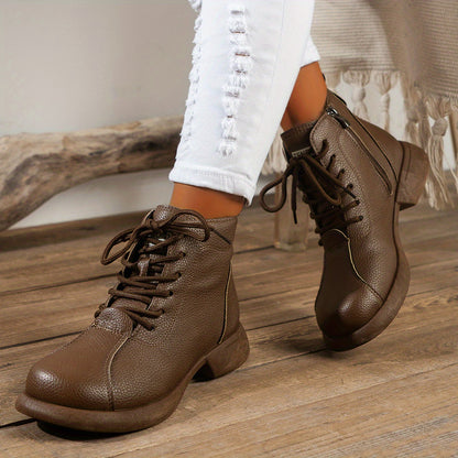 Women'S British Style Ankle Boots - Brown Faux Cover, Slimming Lace-Up Design, Lace-Up with Side Zipper, Comfortable Fabric Lining, Durable TPU Sole, Perfect for Spring, Autumn & Winter