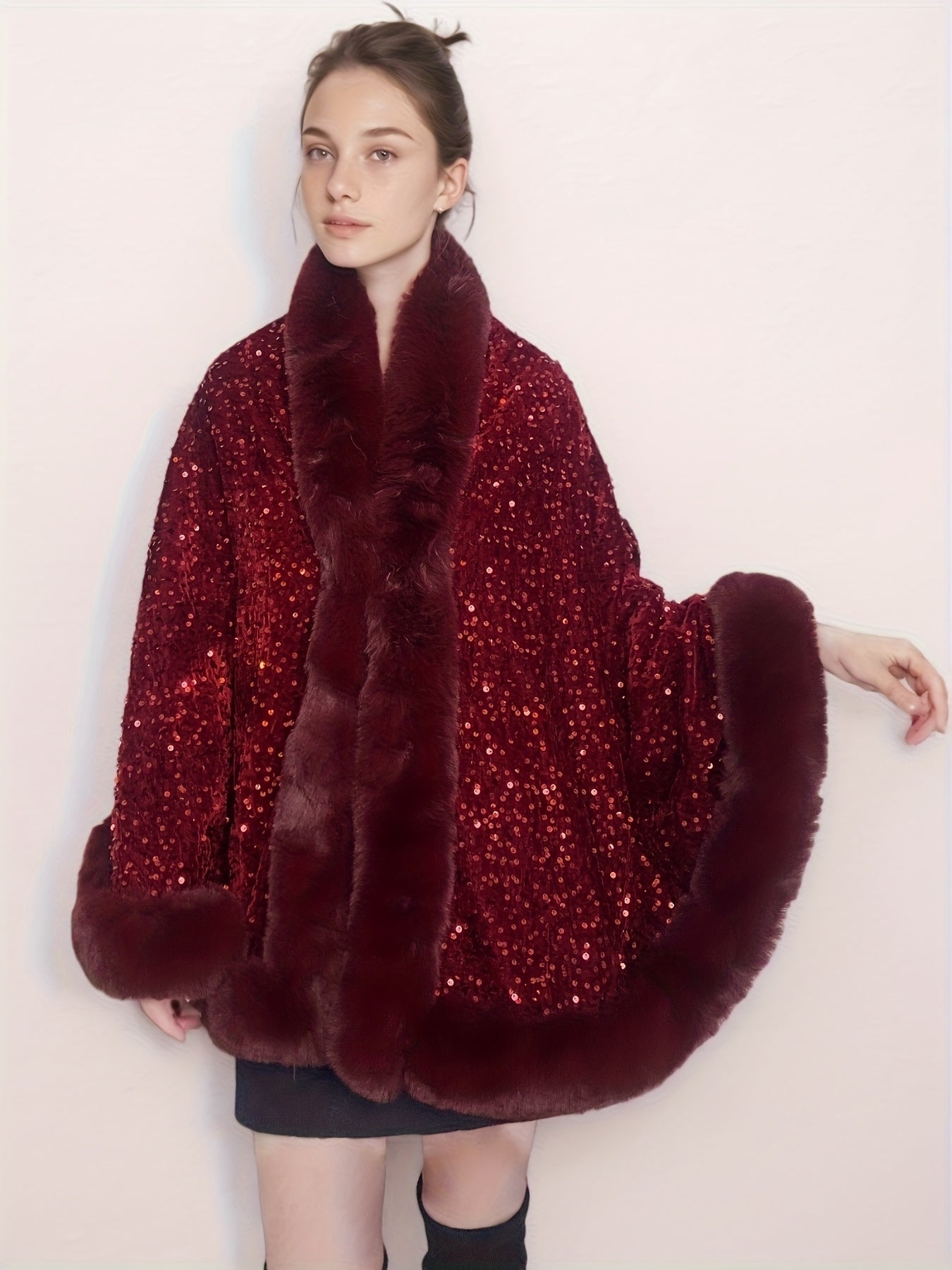 Մեծ չափսի կանացի էլեգանտ շալ-թիկնոց-պոնչո - շքեղ շագանակագույն թիկնոց՝ փայլուն հմայքով, խիտ ձմեռային վերարկու երեկույթների, պաշտոնական միջոցառումների համար՝ չձգվող գործվածք, հեշտ խնամվող էլեգանտ փաթաթան ամենօրյա հատուկ առիթների համար, երեկույթի հագուստ, C