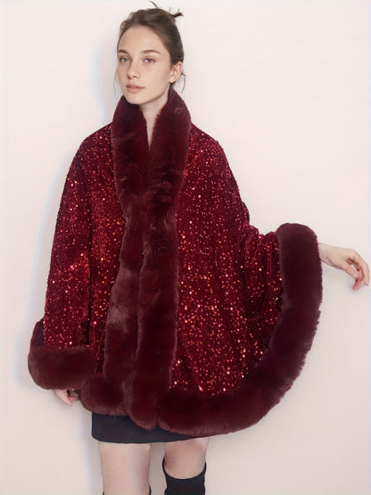 Մեծ չափսի կանացի էլեգանտ շալ-թիկնոց-պոնչո - շքեղ շագանակագույն թիկնոց՝ փայլուն հմայքով, խիտ ձմեռային վերարկու երեկույթների, պաշտոնական միջոցառումների համար՝ չձգվող գործվածք, հեշտ խնամվող էլեգանտ փաթաթան ամենօրյա հատուկ առիթների համար, երեկույթի հագուստ, C