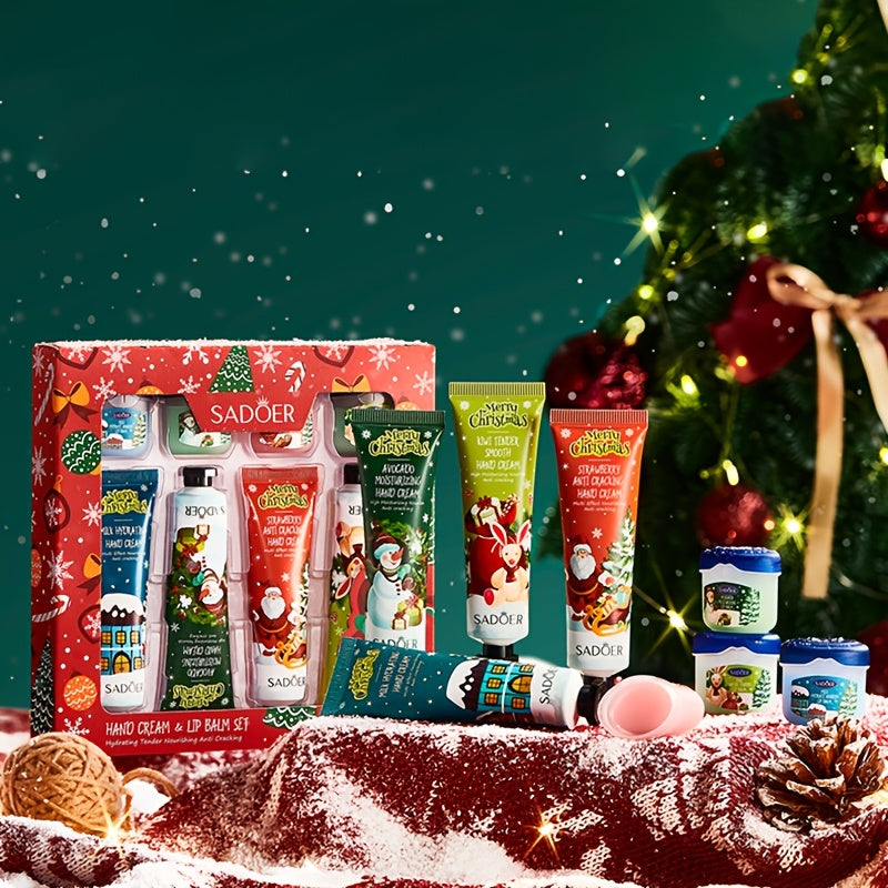 8pcs SADOER Christmas Hand Cream & Lip Balm Gift Set - Moisturizing, Softening, Brightening, and Dry Light Care with Glycerin, Hyaluronic Acid, and Plant-Based Squalane - Ideal for All Light Types, Festive Holiday Packaging,