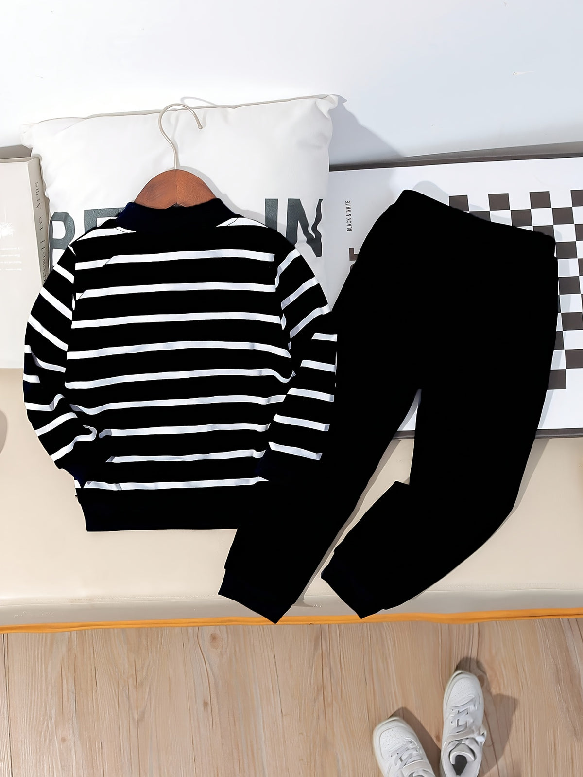 Boys Casual Blue White Striped Long-Sleeve Sweatshirt & Pants Set - ayq