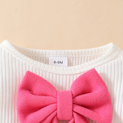 Honey Style Knitted Fabric Crew Neck Long Sleeve T-Shirt with Solid Color Flared Skirt and Beret Set for - Bow Detail Knee High Medium Stretch Fall/Winter Outfit