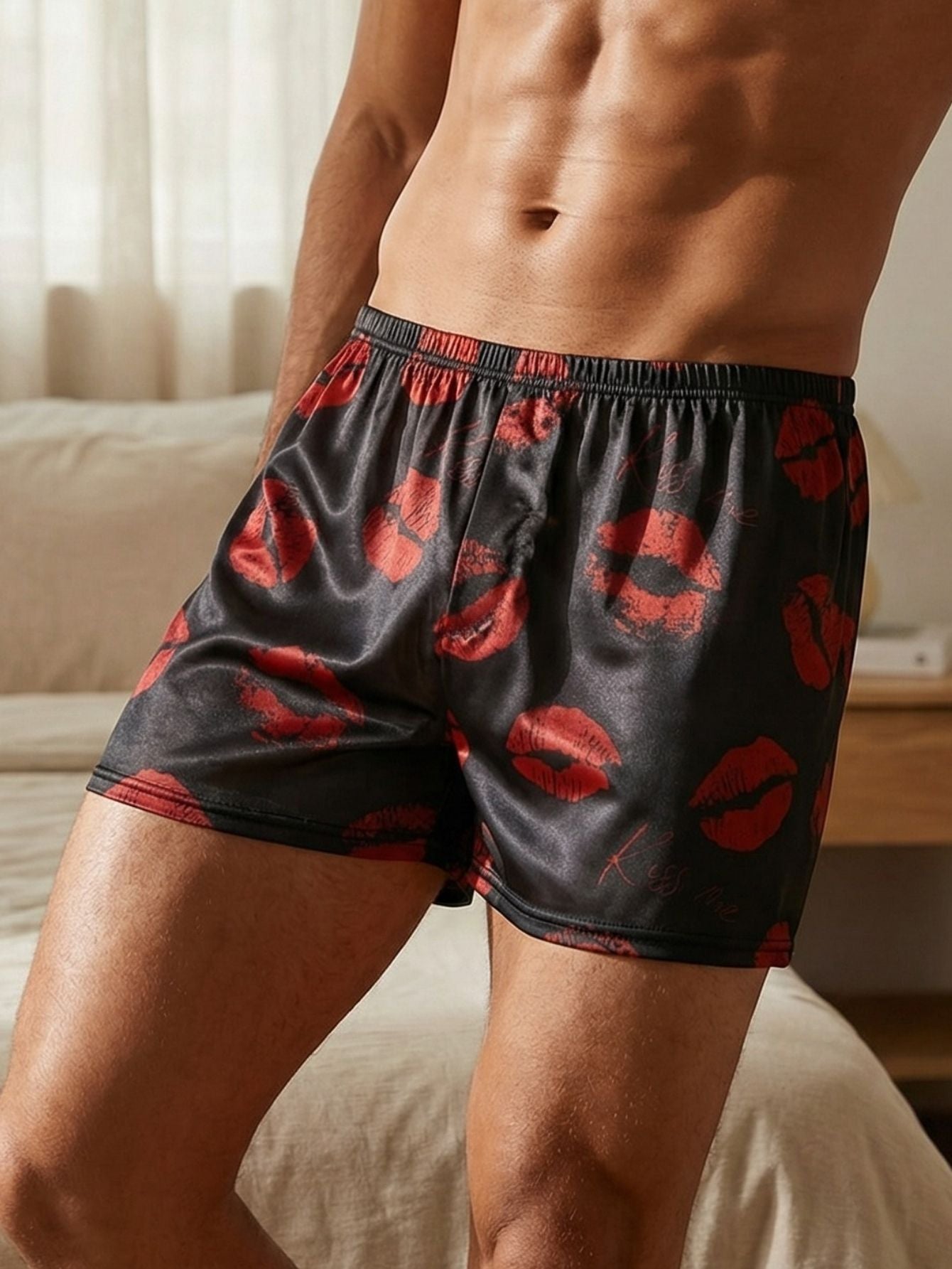 Men's Lightweight Polyester Summer Shorts with Red Lip Print