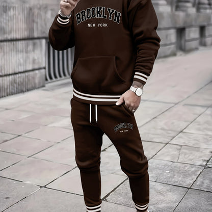 2pcs Men's Trendy BROOKLYN Letter Print Hooded Outfit, Hoodie & Pants Set, Men's Clothes For Spring Fall Winter, As Gift