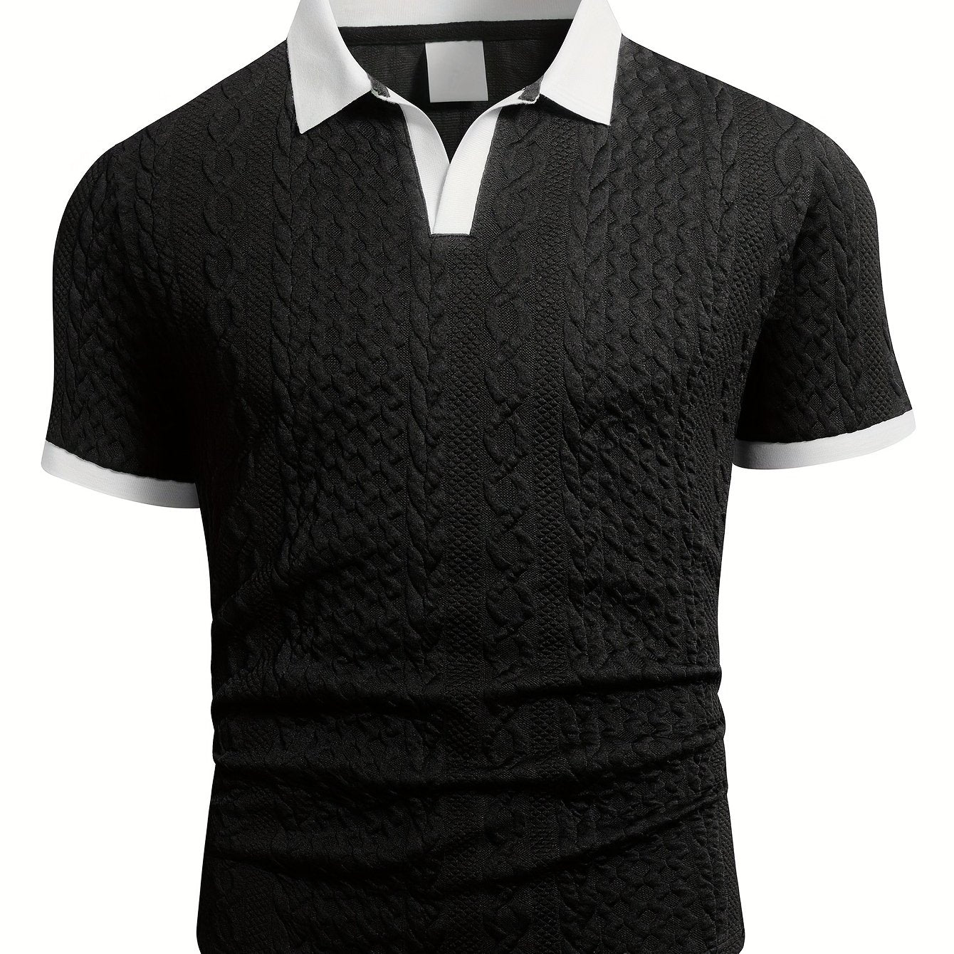 Summer Breathable Italian-style Color-blocked Light-mature Trendy Men's Shirt with V-neck, Slight Stretch, Jacquard Texture, Slim-fit Short Sleeves, Knitted - ayq