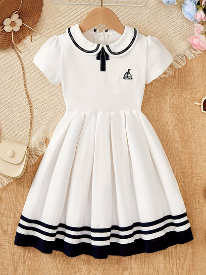 Girls' Summer Preppy Bow Dress with Sailor Collar and Pleated Skirt