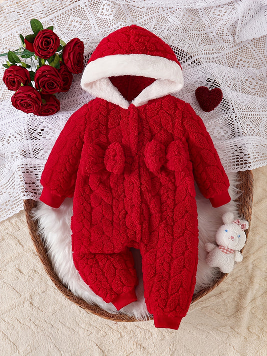 Baby Girls' Winter Snowsuit - Soft Flannel Full-Zip Hooded Romper with Plush Fleece Lining, Cozy Long-Sleeve Outfit with Snap Closure & Fleece Trim, Machine Washable Red Snowsuit for & (Winter Clothes) - Adorable 3D Bow & Fle